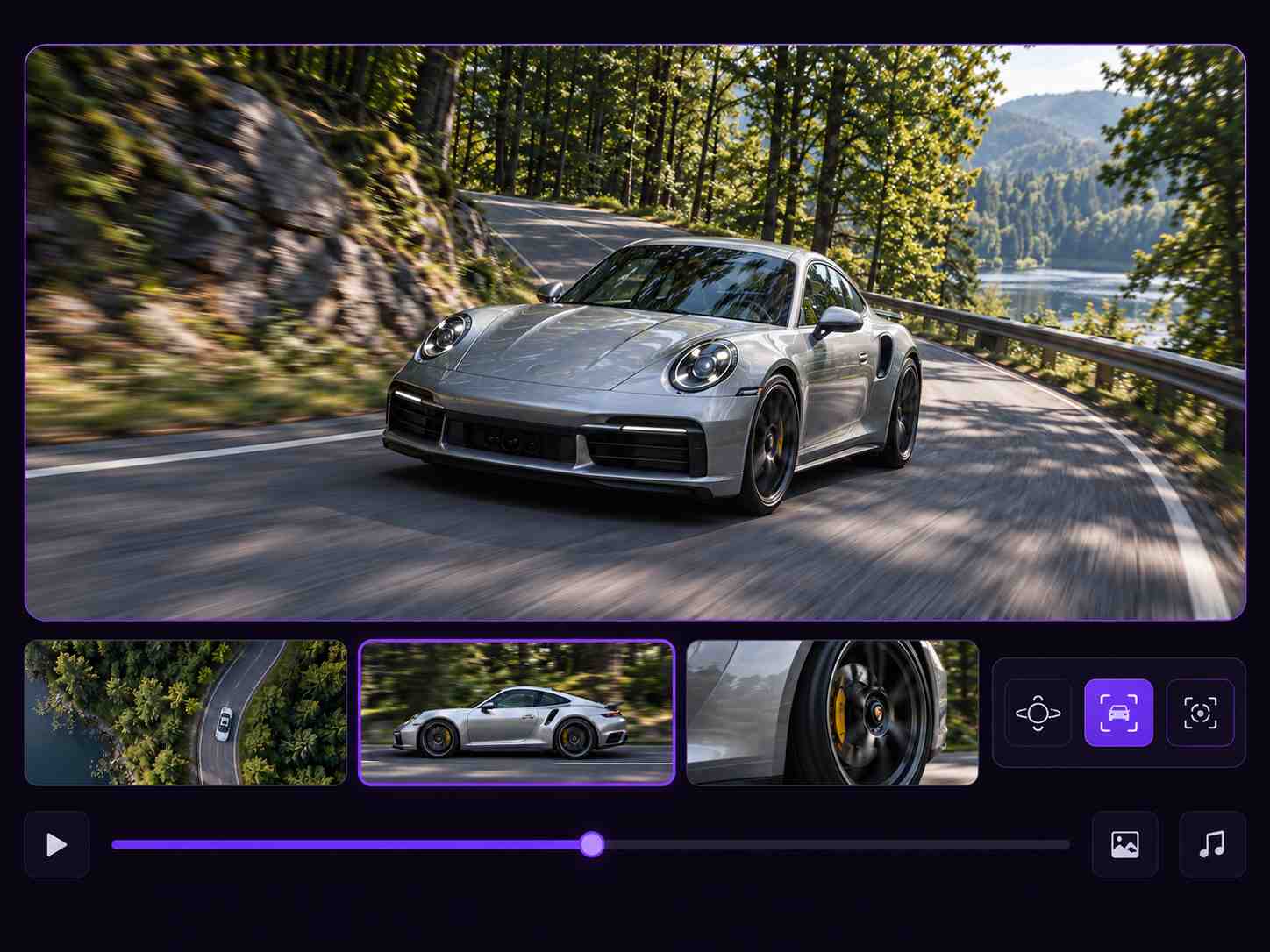 SeedanceHub Seedance 2.0 AI video generator illustrating camera movement and close-up shots of a sports car
